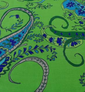 Шелк Alberta Ferretti сине-бежевый принт на салатовом фоне | Textile Plaza