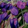 Джинс Италия принт фиолетовые тюльпаны на голубом фоне | Textile Plaza