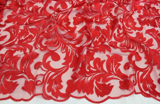 Сетка вышивка, листовой узор, цвет красный | Textile Plaza