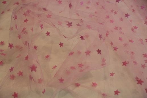 Фатин жаккард флок розовый звезды | Textile Plaza