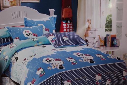Ткань для постельного белья, Hello Kitty, синий/голубой фон. Байка | Textile Plaza