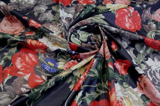 Плащова тканина принт квіти на чорному | Textile Plaza