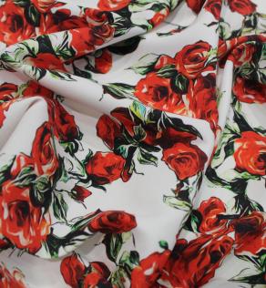 Шовк Dolce&Gabbana принт червоні троянди на білому фоні | Textile Plaza