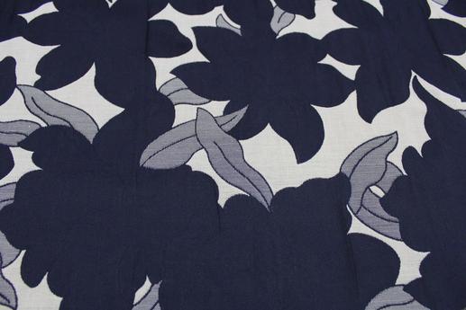 Льон-жаккард синьо-сірий квітковий принт на білому фоні | Textile Plaza