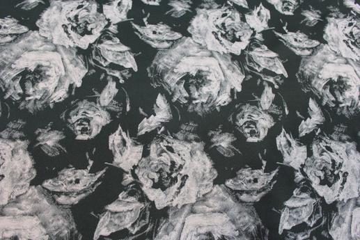 Жаккард костюмный Италия принт серые розы на черном фоне | Textile Plaza