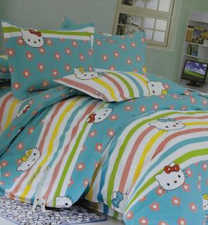 Ткань для детского постельного белья, Hello Kitty/цветочки/разноцветные полоски в голубом цвете | Textile Plaza