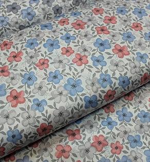 Сатин для постельного белья, серые,голубые и розовые цветы | Textile Plaza