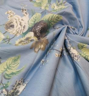 Сатин для постельного белья, бежево-коричневые цветы на синем | Textile Plaza