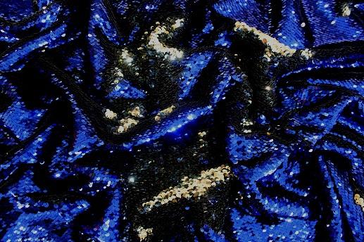 Сітка вишивка паєтками темно-синя з золотом | Textile Plaza