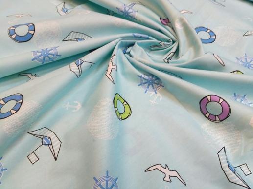 Тканина для дитячої постільної білизни, морська тематика на ніжно-блакитному фоні | Textile Plaza