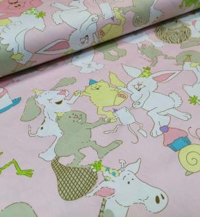 Ткань для  постельного белья, зверушки на розовом | Textile Plaza