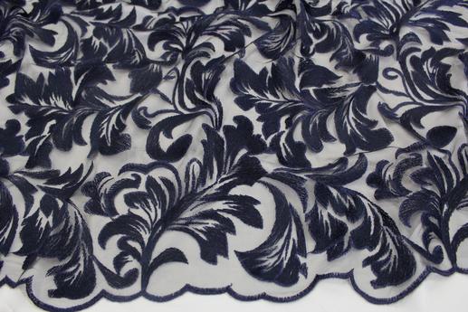 Сітка вишивка, листовий візерунок, колір темно-синій | Textile Plaza