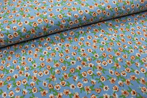 Костюмна тканина SPH оранжеві квіти на блакитному | Textile Plaza