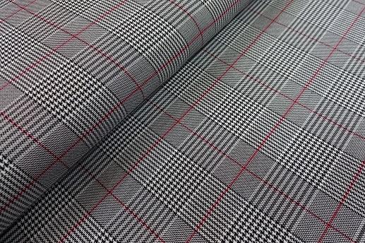 Костюмная ткань Клетка черно-белая с бордовой полоской | Textile Plaza