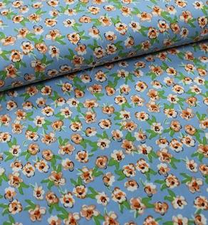 Костюмна тканина SPH оранжеві квіти на блакитному | Textile Plaza